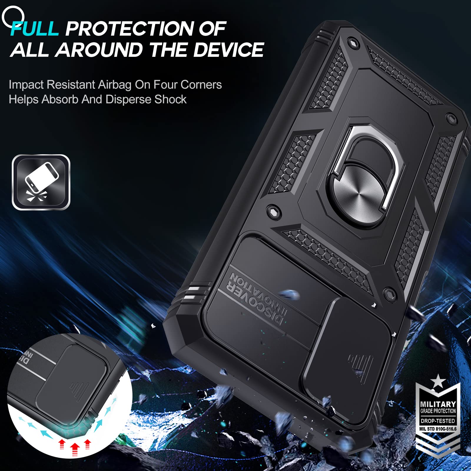 LeYi Samsung Galaxy A03s Phone Case with Slide Camera Cover - 360° Full Body Military-Grade Protection + 2 Pack Screen Protectors & Kickstand (Black) | Perfect for Outdoor Activities, Work & Daily Use