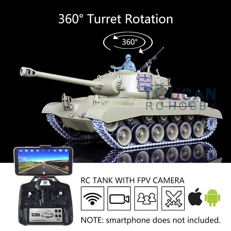 1/16 Scale Henglong Upgraded RC Tank 3838 - USA M26 Pershing Remote Control Tank with FPV Camera, 360° Rotating Turret, Realistic Sound Effects & Metal Tracks - Perfect for Military Enthusiasts, Collectors and Outdoor RC Battles