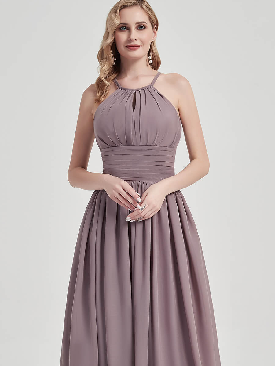 Elegant Dusk Pleated Halter Neck Sleeveless A-Line Chiffon Bridesmaid Dress for Weddings & Formal Events - Perfect for Summer Beach Weddings, Evening Parties & Special Occasions