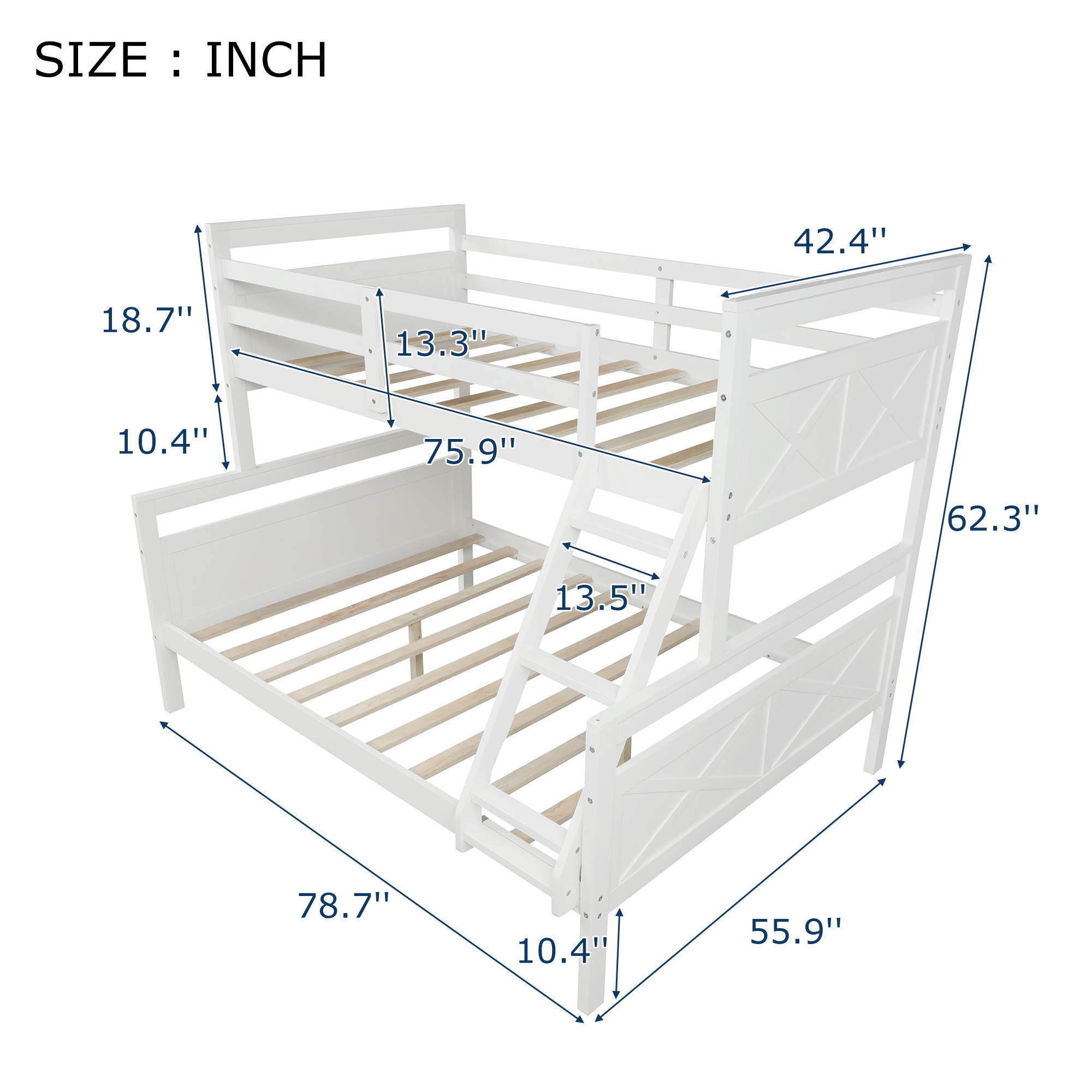 Twin Over Full Bunk Bed with Inclined Ladder & Guardrail - Solid Wood Frame with Sturdy Center Support - Converts to 2 Separate Beds - Ideal for Kids' Bedrooms, Guest Rooms & Small Spaces (White)