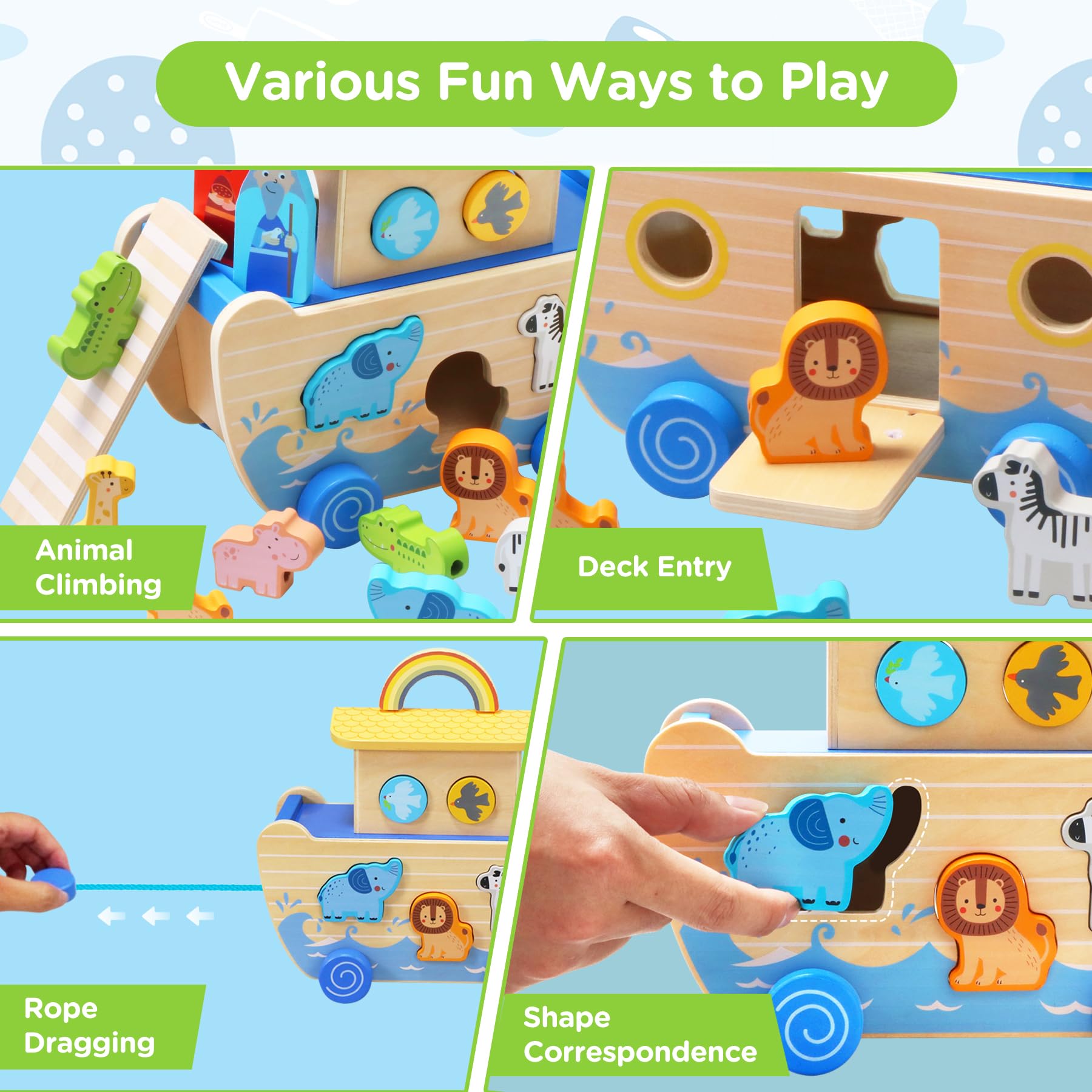 Noah's Ark Wooden Animal Shape Sorter Toy - Montessori Bible Learning Toys for Toddlers Ages 1-4 - Perfect Baptism Gift for Boys & Girls - Educational Christian Toys for Church, Sunday School & Home Playtime