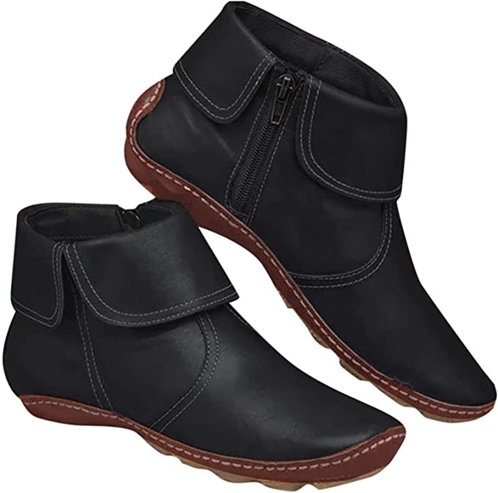 Lausiuoe Women's Ankle Booties - Flat Comfort Classic Western Boots for Casual & Dressy Outfits | Wide Width Pull-On Boots for Everyday Wear & Office Style