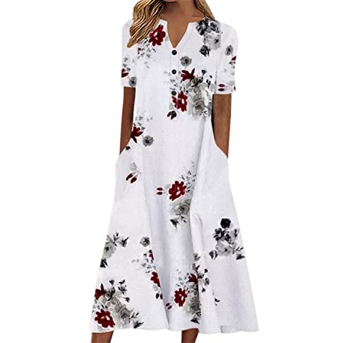 MASHAN Women's Casual Summer Stripe Button-Down V-Neck Sleeveless Pocket Midi Dress - Floral Beach Party & Holiday Outfit for Vacation, Date Night, and Outdoor Events