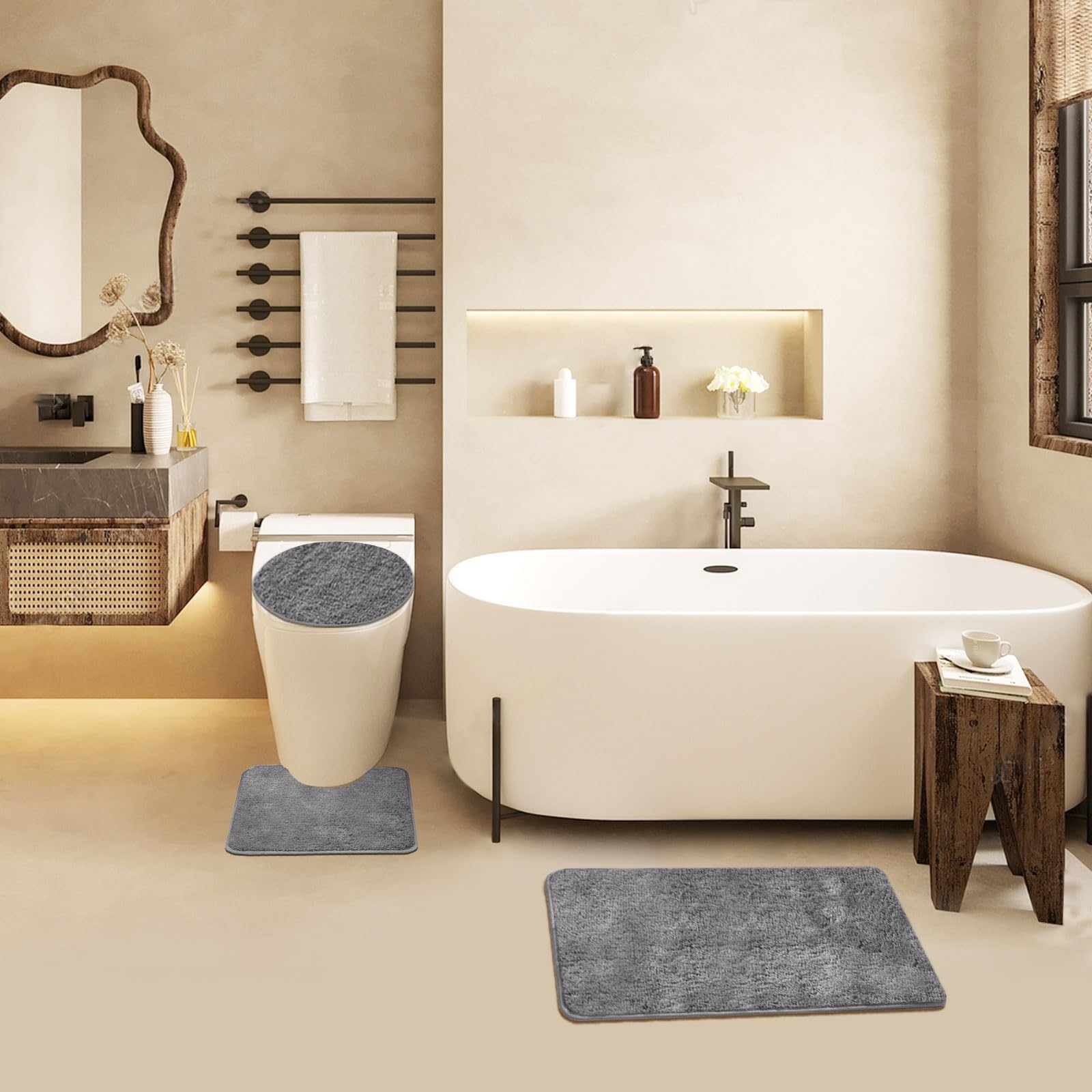 Premium 3-Piece Bathroom Rug Set - Soft Shaggy Non-Slip Bath Mats with U-Shaped Rug & Toilet Cover (Grey) | Cozy & Safe for Bathroom, Bedroom, Laundry Room