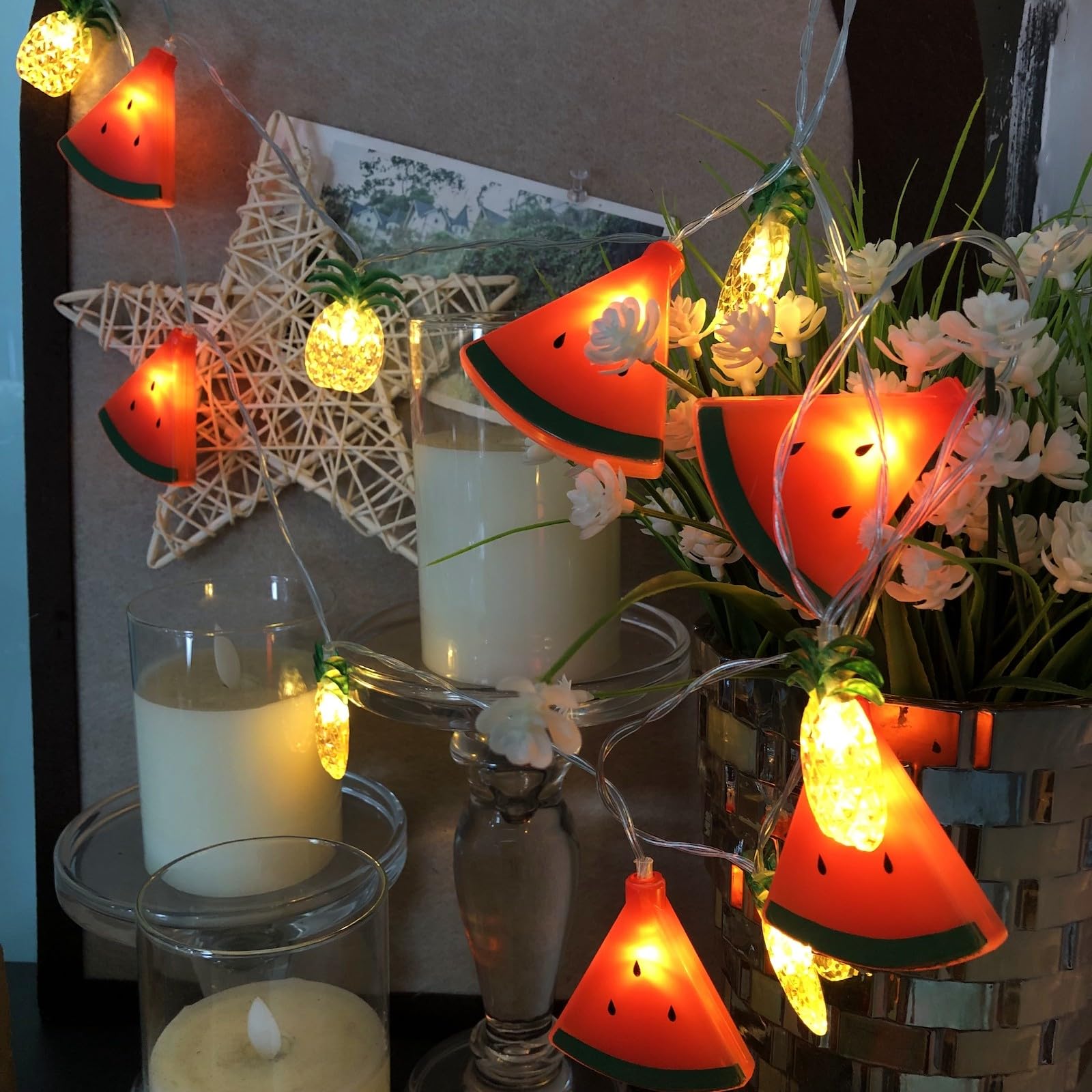 Watermelon Pineapple String Lights - 40 LED Battery Powered Fairy Lights for Wedding, Home, Birthday, Christmas Decor - Indoor & Outdoor Use (19.7ft, Watermelon+Pineapple Design) - Perfect for Patio, Garden, Bedroom, and Party Decorations