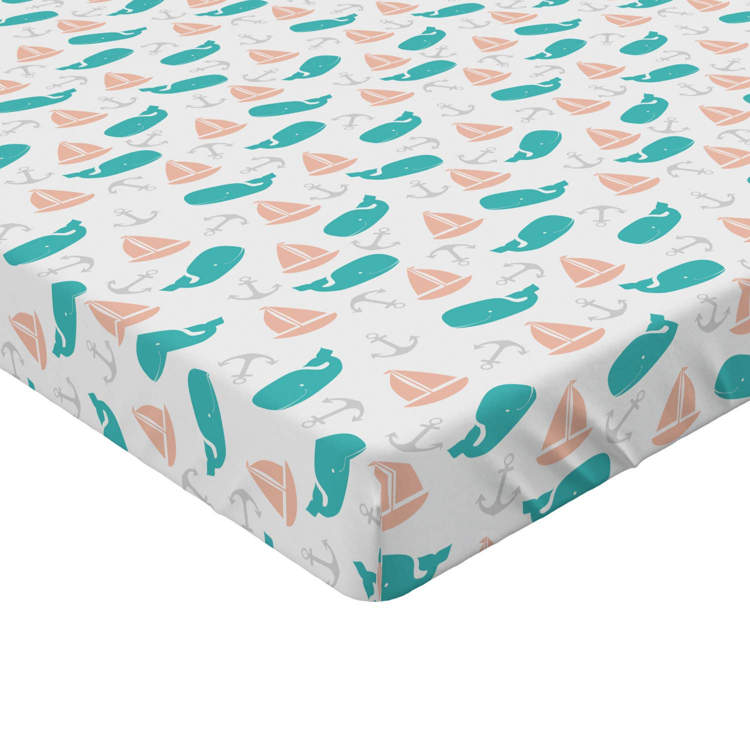 Ambesonne Nautical Fitted Sheet - Marine Themed Sailboat Anchor Whale Print - Deep Pocket Elastic Queen Size Bed Sheet - Turquoise Peach - Perfect for Coastal Bedrooms, Guest Rooms & Beach House Decor