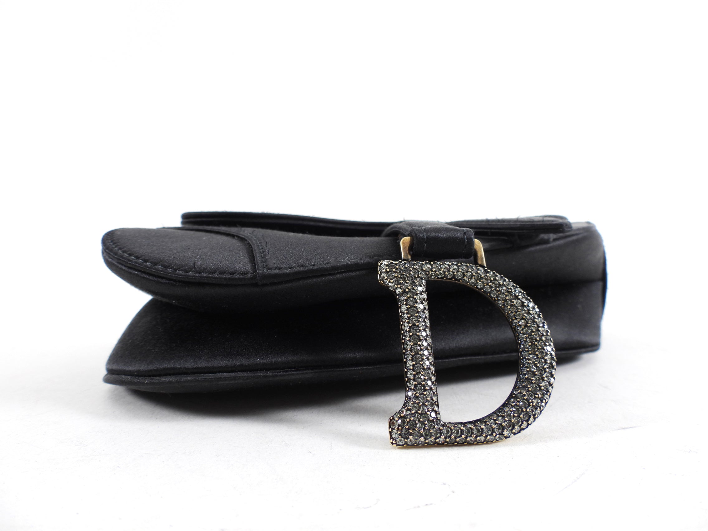 Christian Dior Black Satin Crystal Embellished Mini Saddle Bag - Luxury Crossbody Purse for Women, Perfect for Evening Parties & Special Occasions