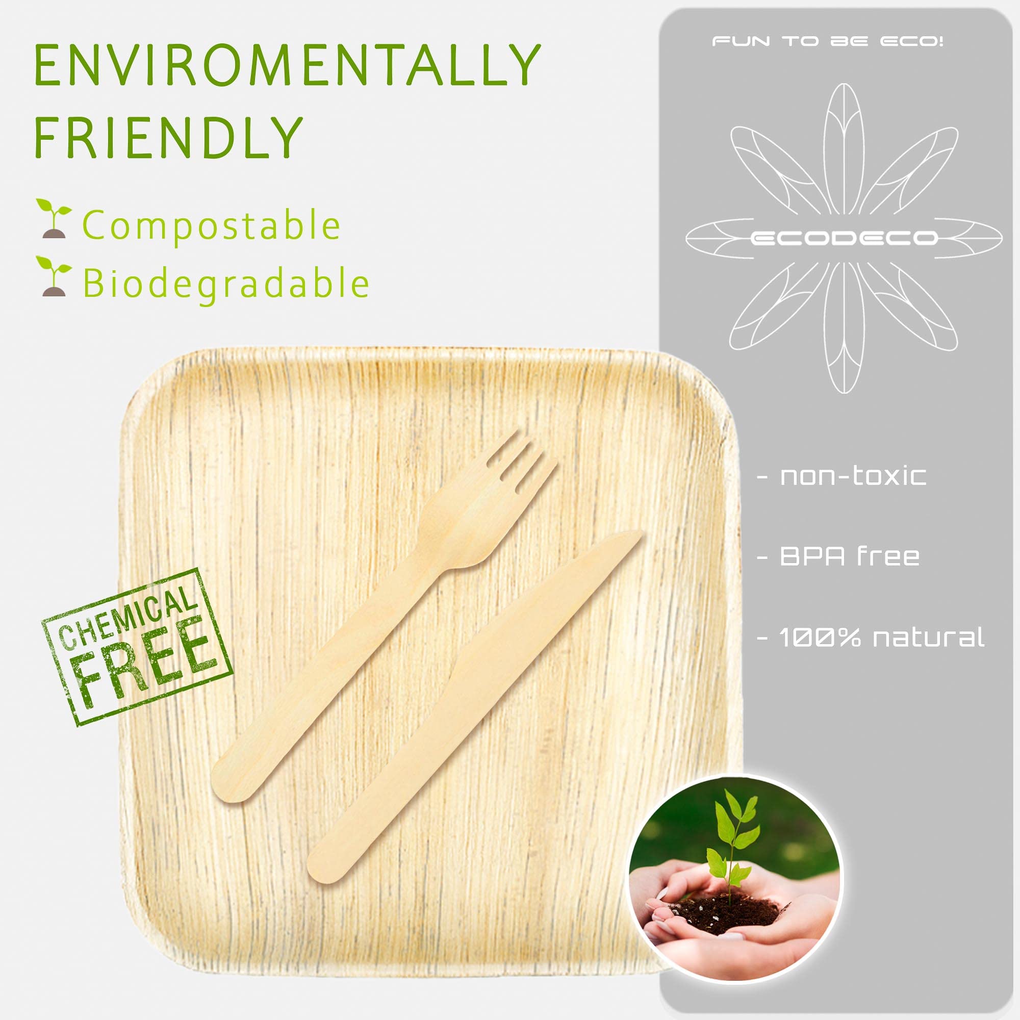 ECODECO 10 Inch Square Palm Leaf Compostable Plates - 50 Pack Eco-Friendly Disposable Dinnerware Set with Cutlery, Biodegradable Like Bamboo Plates for Parties, Picnics & Sustainable Events