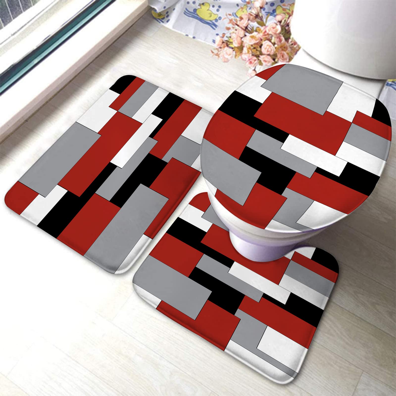 3-Piece Bathroom Rug Set - Non-Slip Geometric Bath Mats with Toilet Lid Cover | Modern Abstract Design in White, Grey, Black & Red | Perfect for Bathroom, Shower & Vanity Areas