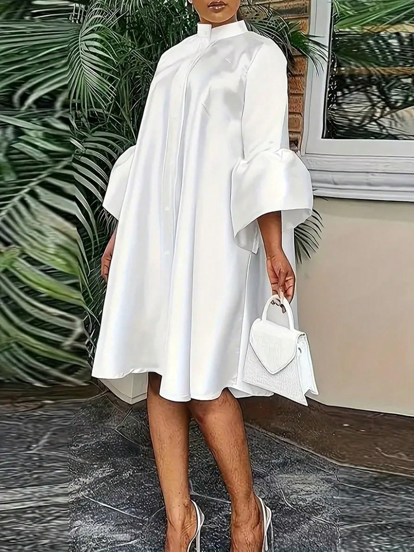 MakeMeChic Women's Plus Size Satin Silk Shirt Dress - Mock Neck, Button Down, 3/4 Flare Sleeve Midi Dress for Work, Office & Special Occasions