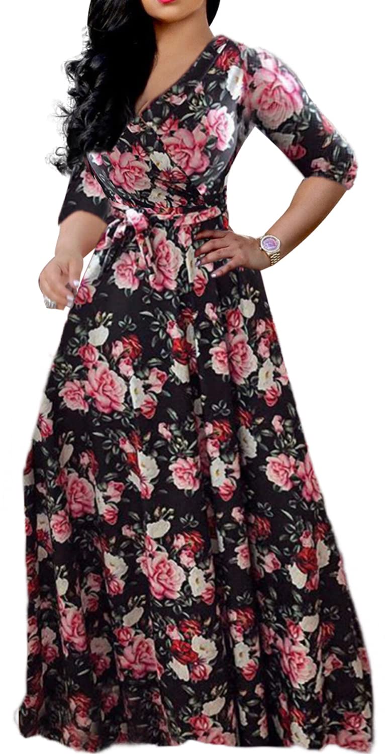 Plus Size Maxi Dress for Women - Sexy V-Neck 3/4 Sleeve Floral Summer Dress with Belt | Casual Sundress for Beach, Vacation & Everyday Wear