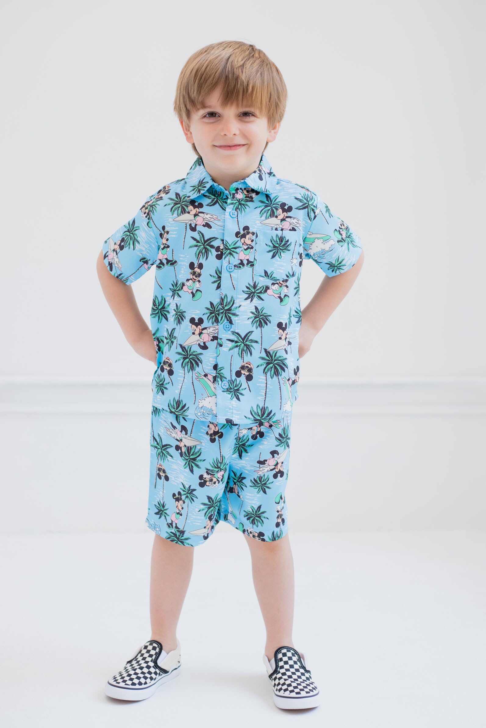 Disney Mickey Mouse Hawaiian Print Button Down Shirt & Shorts Set for Toddler to Big Kid - Beach Vacation, Summer Outfits, Birthday Party Wear