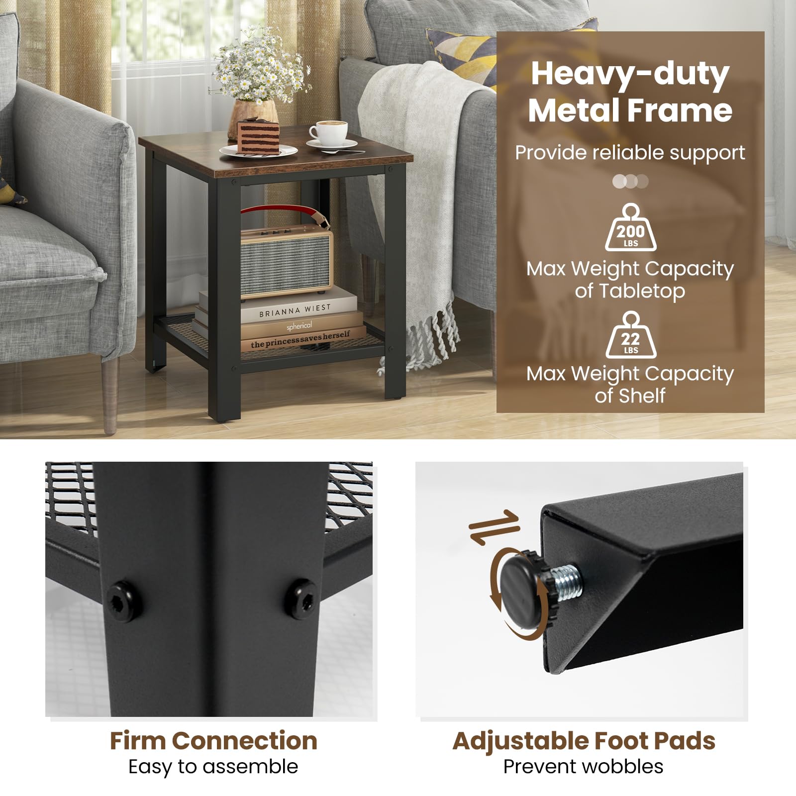 Giantex 2-Tier End Table Set of 2, 16 Inch Small Side Table with Mesh Storage Shelf, Industrial Telephone Table with Heavy-Duty Metal Frame, Square Sofa Table for Small Space Living Room, Rustic Brown - Perfect for Living Room, Bedroom, or Office Use