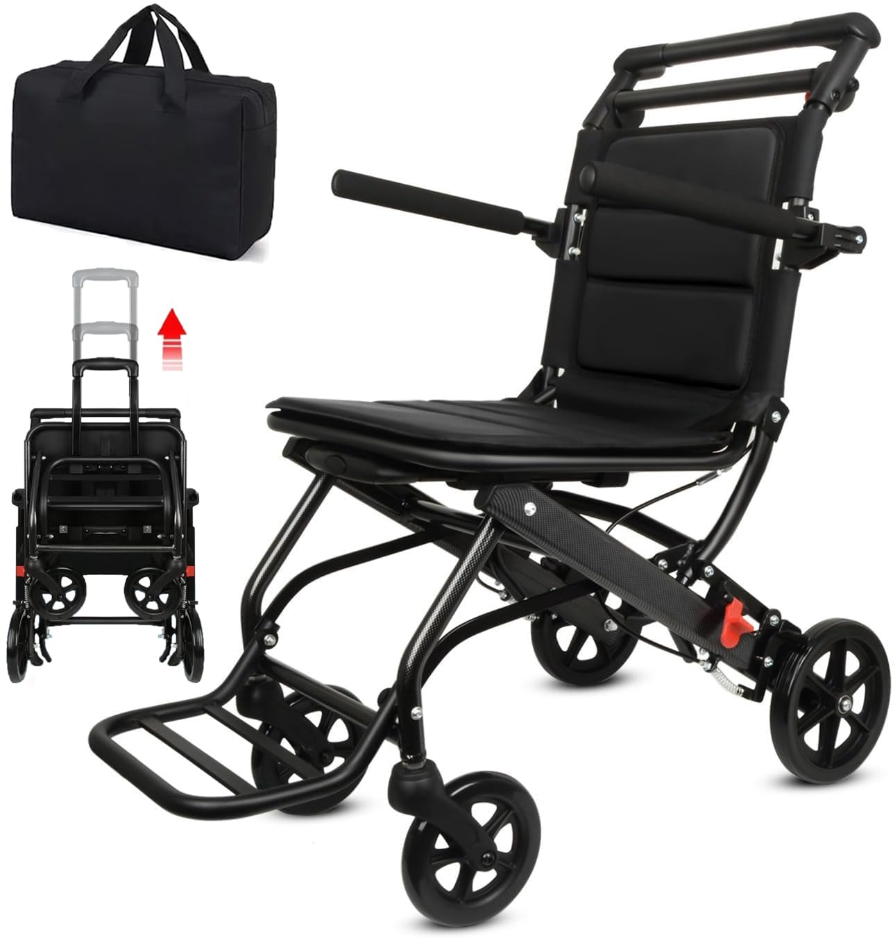 Ultra Lightweight Transport Wheelchair (Only 15lbs) - Foldable & Telescopic Handle Wheelchair for Adults & Seniors with 220lbs Capacity - Perfect for Travel, Airports, Hospitals & Daily Mobility Assistance