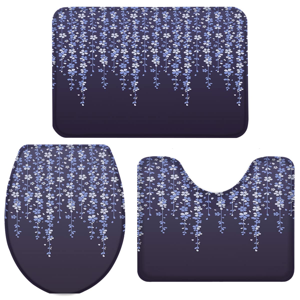 3-Piece Spring Floral Memory Foam Bath Mat Set - Ultra Absorbent Bathroom Rugs with Non-Slip Backing | Includes Floor Mat, U-Shaped Contour Rug & Toilet Lid Cover | Blue-Gray Gradient Cherry Blossom Design | Perfect for Bathroom, Shower & Home Decor