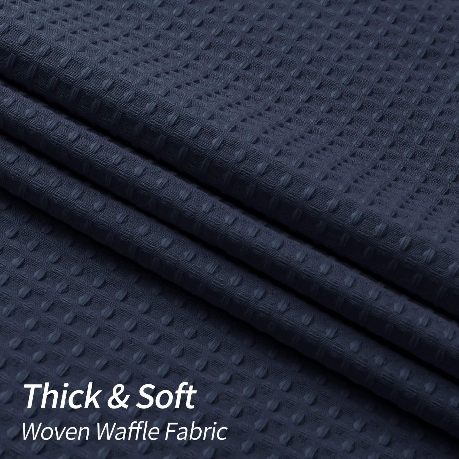 Blue Waffle Weave Half Size Shower Curtain 36 x 72 Inches - Narrow Fabric Bathroom Decor with Hooks - Navy Blue Shower Curtain Set for Small Stall, RV, Dorm & Apartment Bathrooms