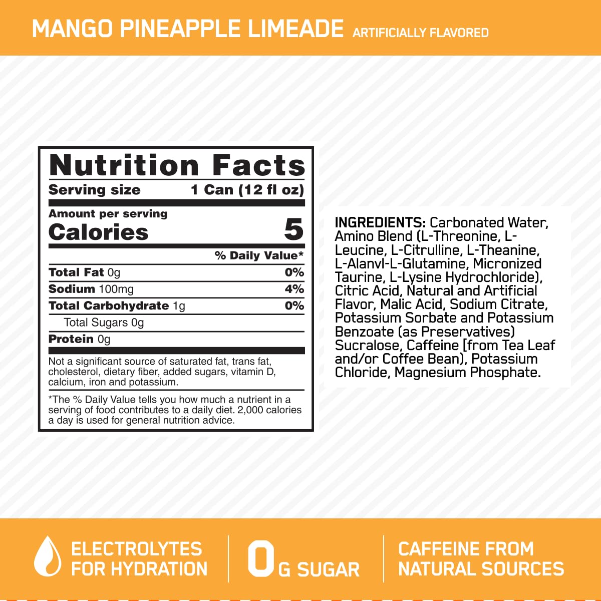 Optimum Nutrition Amino Energy Sparkling Hydration Drink with Electrolytes, Caffeine & BCAAs - Sugar Free Mango Pineapple Limeade Flavor, 12 Fl Oz (12 Pack) - Perfect for Workouts, Recovery & Energy Boost