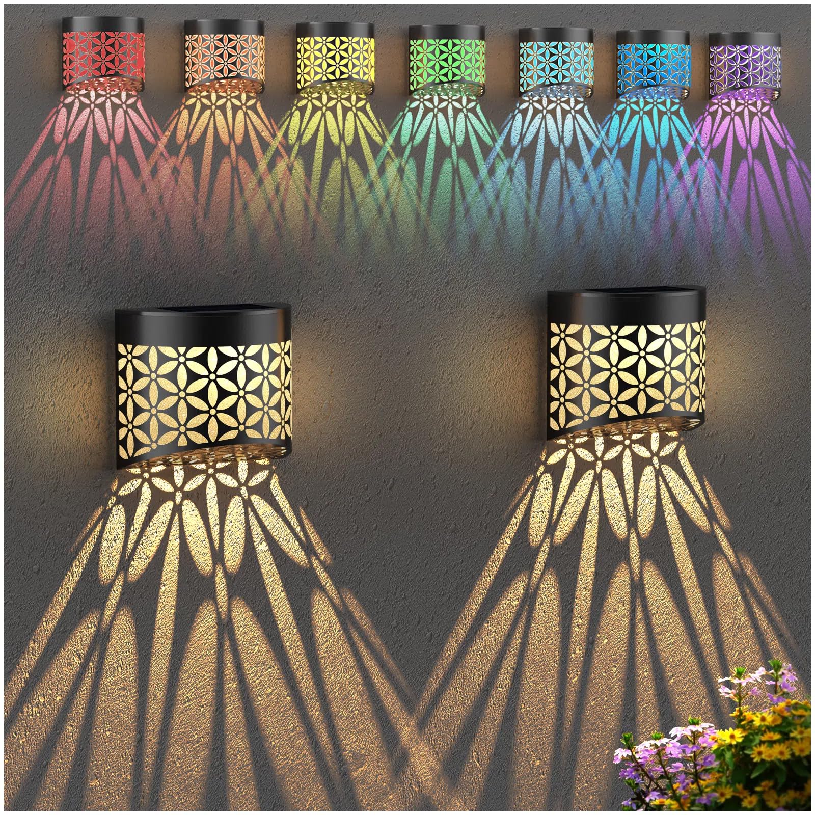 Solar Powered Outdoor Deck Lights - 2 Pack Waterproof LED Solar Fence Lights with 2 Modes (Warm White/Color Changing) for Garden, Patio, Pathway, Stairs, Yard & Landscape Lighting - Perfect for Evening Ambiance and Safety Lighting