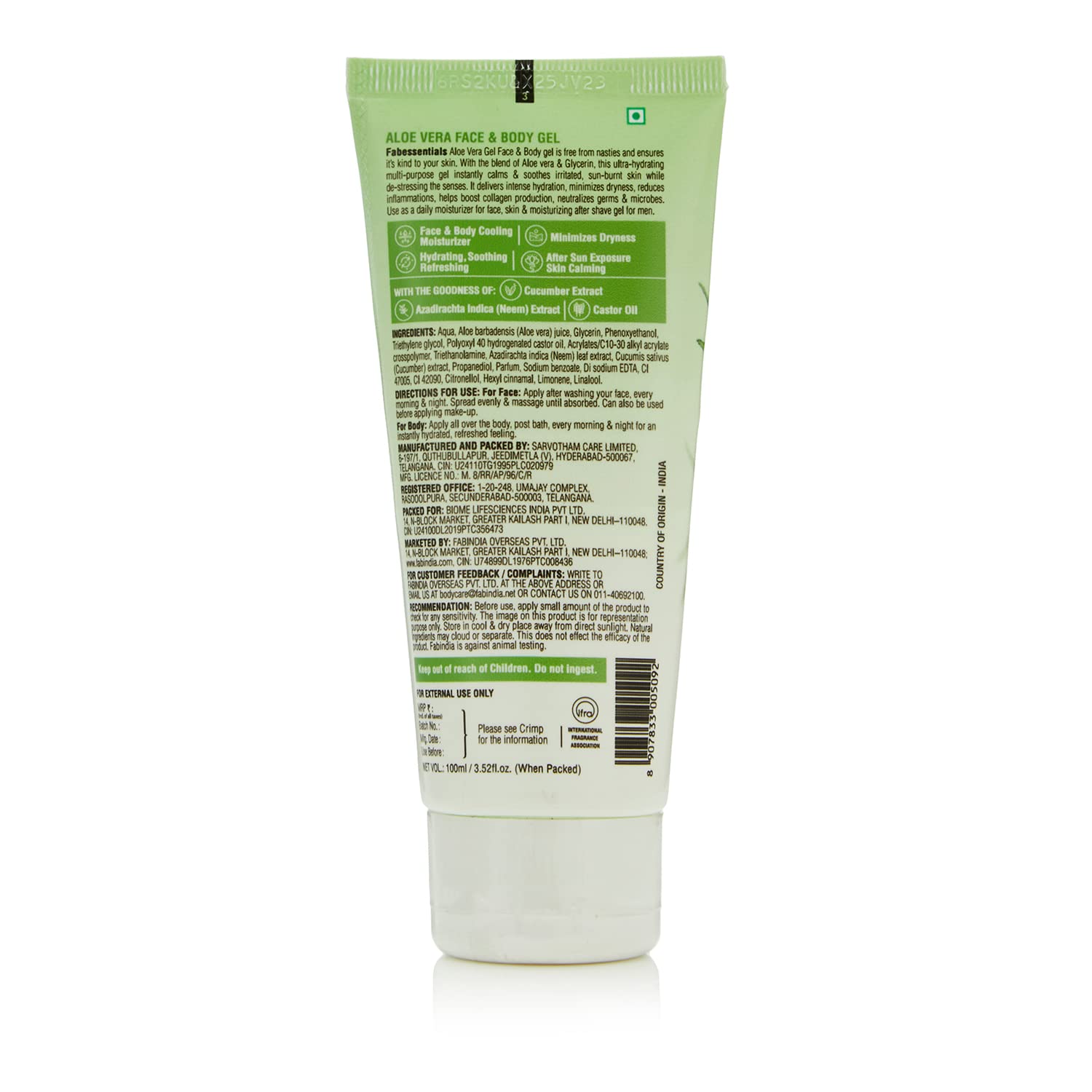 Fabessentials Aloe Vera Face & Body Gel with Neem & Castor Oil | Hydrating & Soothing Multi-Purpose Gel for Dry Skin & Sunburn Relief | 100gm | Perfect for Post-Sun Care, Daily Moisturizing & Skin Repair