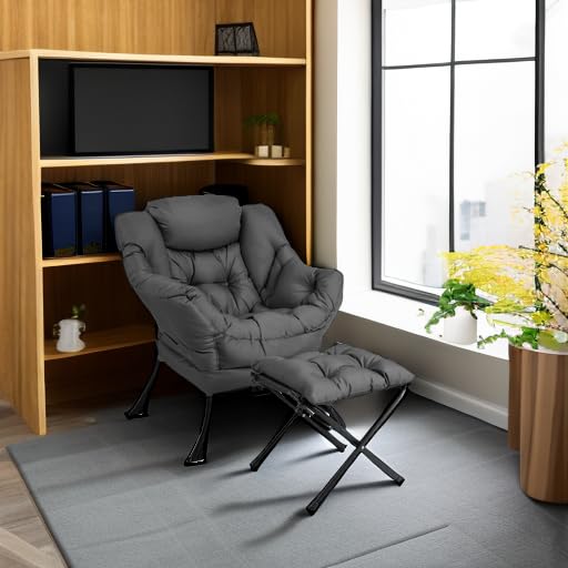 Giantex Oversized Lazy Chair with Ottoman - Gray Upholstered Lounge Armchair with Foldable Footrest & Side Pocket - Perfect for Living Room, Bedroom, Office & Small Space Relaxation