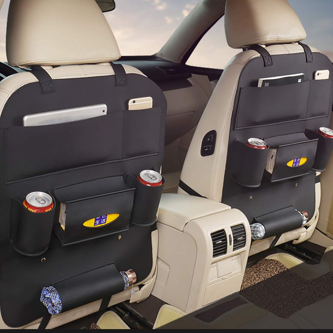 Premium PU Leather Car Seat Back Organizer with Tablet Holder - Universal Backseat Storage for Kids, Bottles, Toys & Tissue Box (Black, 1-Pack) | Perfect for Road Trips, Family Travel & Daily Commute