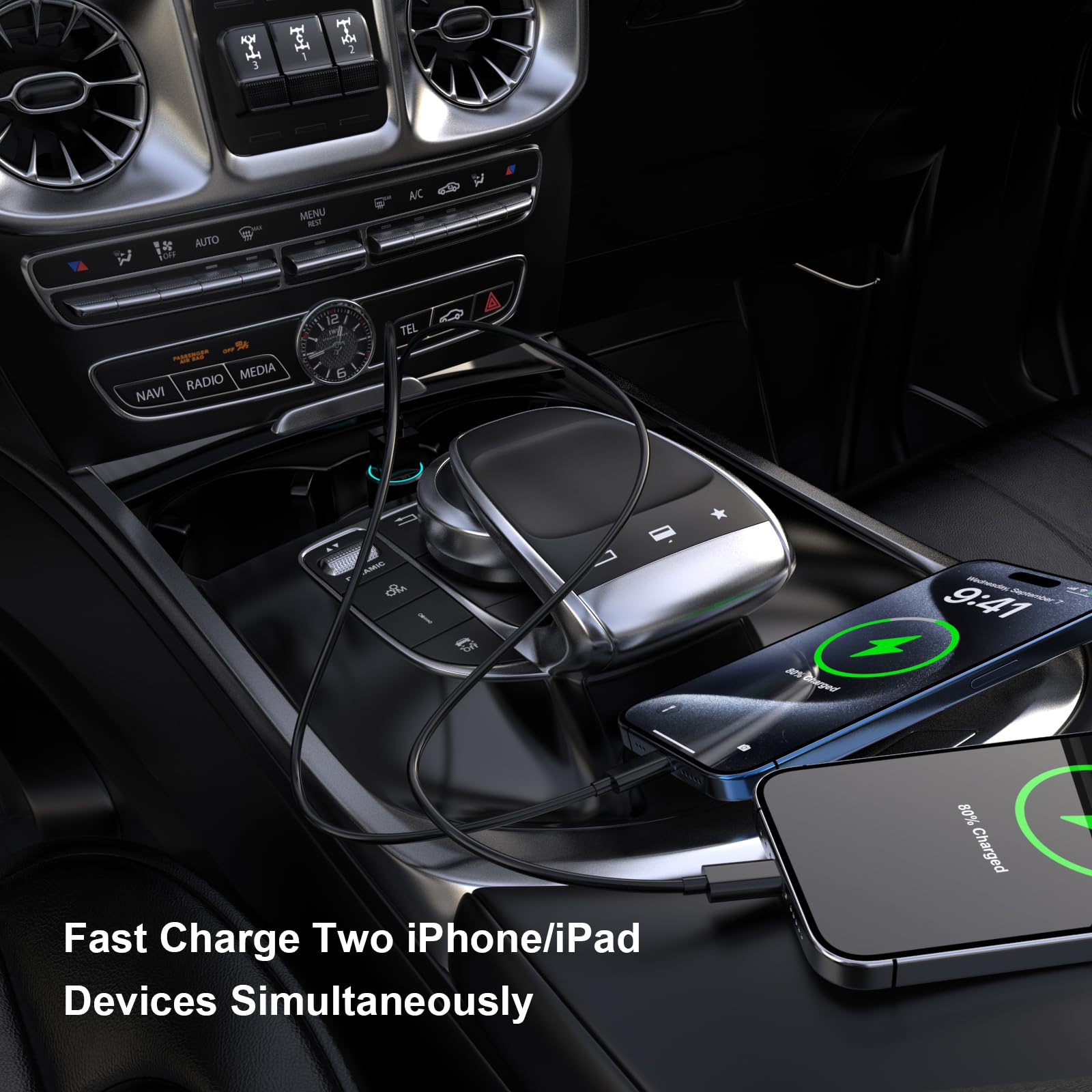 Fast Charging USB Car Charger for iPhone 16/16 Plus/16 Pro/16 Pro Max - 4.8A Dual Port Cigarette Lighter Adapter with 3FT USB Cable - Compatible with iPhone 15/15 Pro/15 Pro Max - Perfect for Road Trips & Daily Commutes