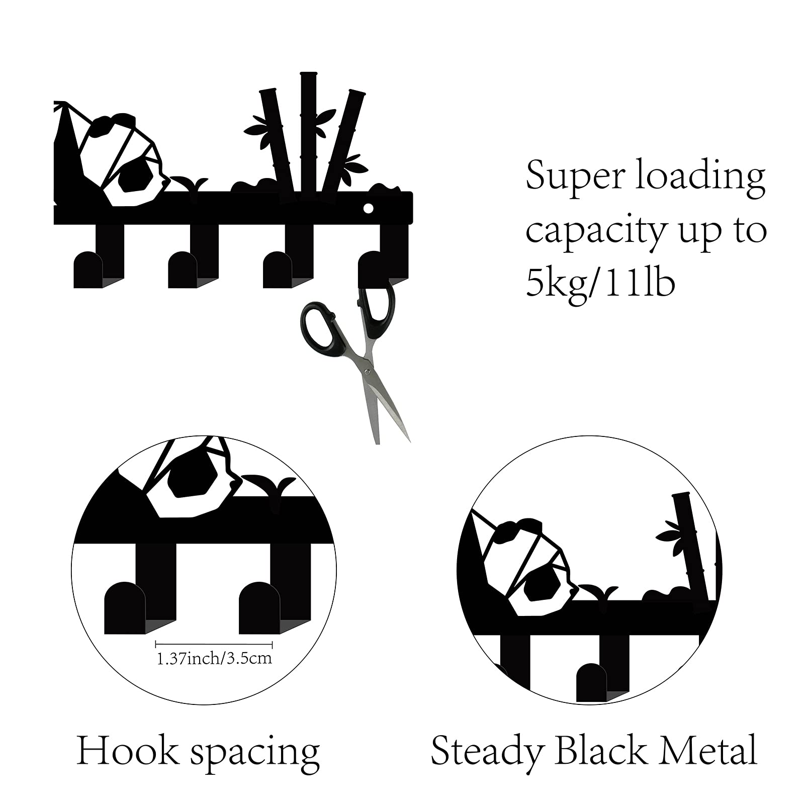 CREATCABIN Metal Key Holder with 6 Hooks - Wall Mount Key Organizer, Black Iron Hanging Decor for Entryway, Cabinet & Home - Panda Bamboo Design (10.6 x 4.3 Inch) - Perfect Housewarming Gift for Organizing Keys, Hats & Towels