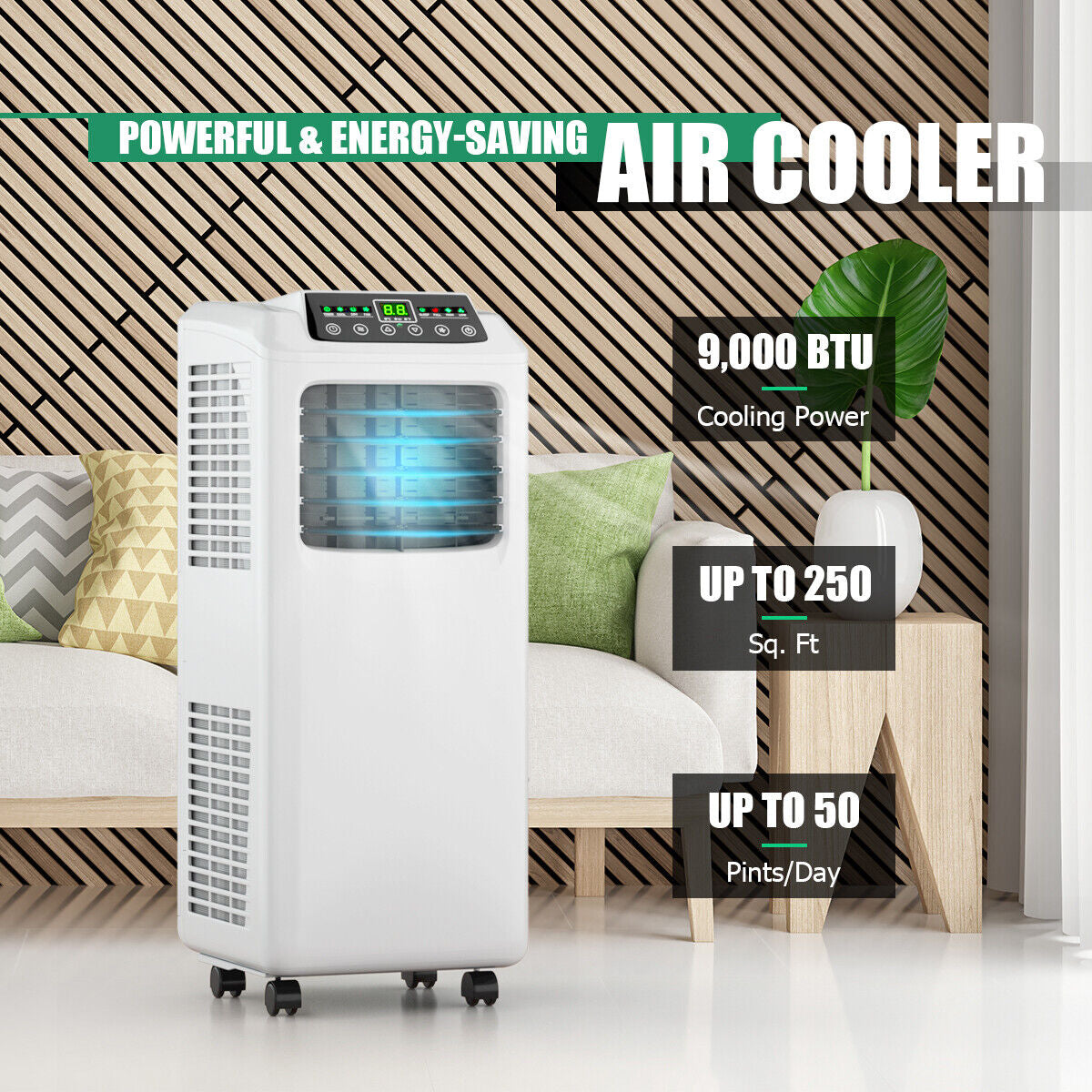 Costway 9000 BTU Portable Air Conditioner - 3-in-1 AC Unit with Dehumidifier & Fan, Cools 250 Sq.Ft, Includes Remote Control - Perfect for Bedrooms, Living Rooms & Small Offices