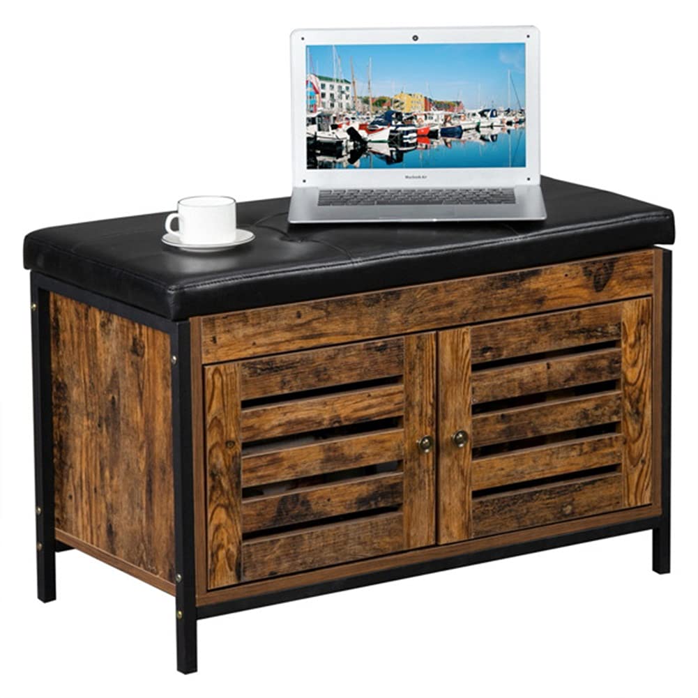 Industrial Wood Look Storage Bench with Louvered Door - Rustic Brown Toy Organizer, Shoe Bench & Entryway Chest - Perfect for Bedroom, Living Room, and Hallway Storage Solutions