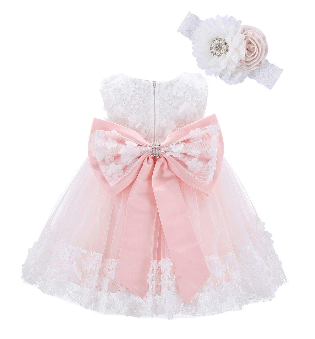 Bow Dream Baby Flower Girl Dress with Headband Applique - Elegant Lace Birthday & Wedding Party Outfit for Infants & Toddlers | Perfect for Christenings, Pageants & Special Occasions