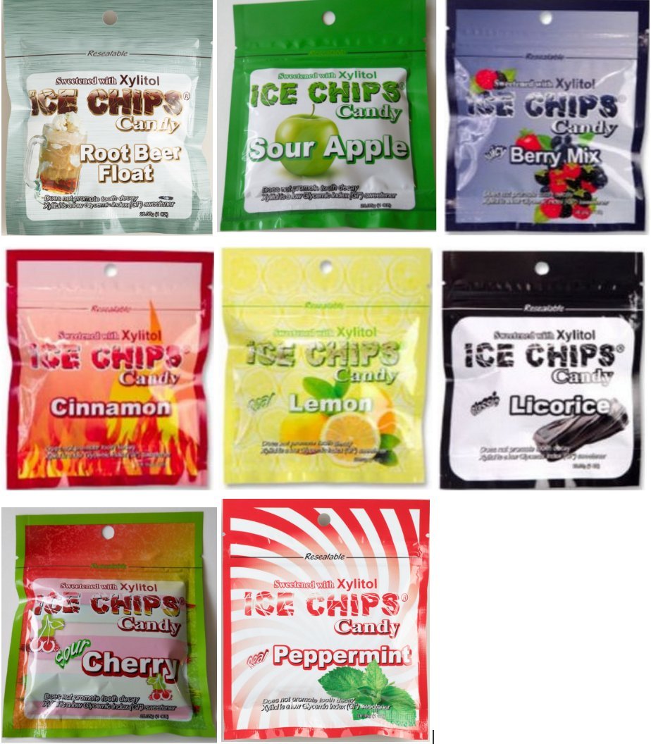 Xylitol Ice Chips Candy - 8 Pack Assortment (1 oz Resealable Pouches) | Sugar-Free, Low-Calorie Snack for Diabetics & Keto Diet | Perfect for Office, Travel & Fresh Breath