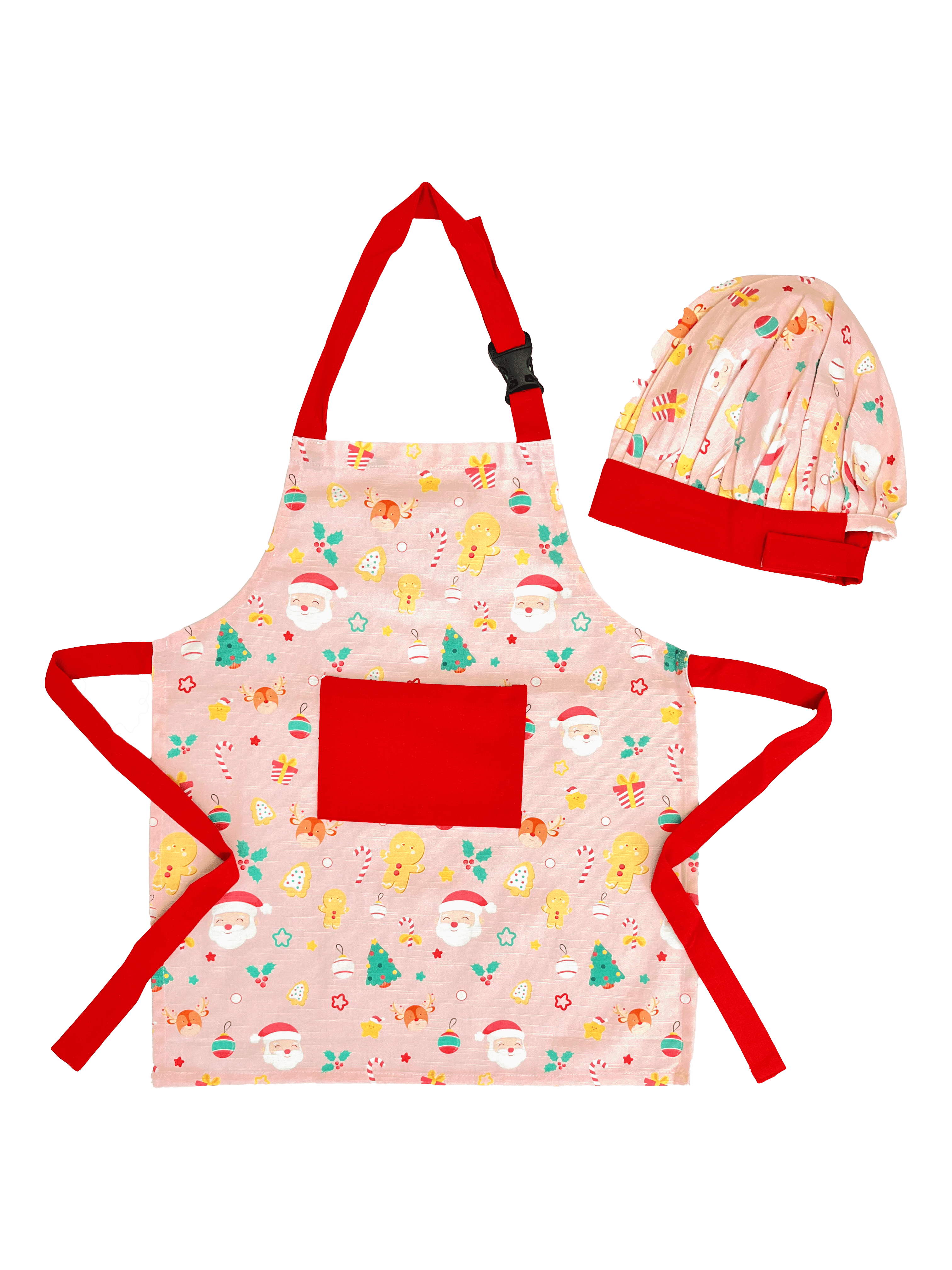 Jolly Kids Christmas Apron & Chef Hat Set - Pink Multi-Pattern Holiday Baking Outfit for Toddlers | Perfect for Holiday Cooking, Baking, and Festive Family Activities