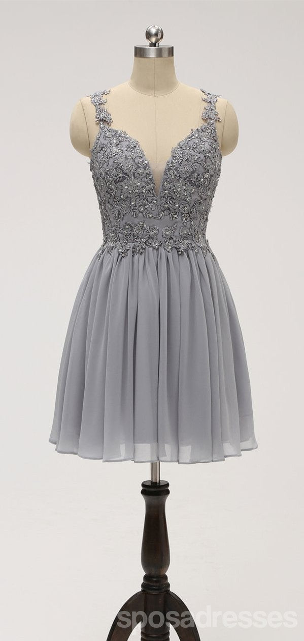 Elegant Grey Chiffon Homecoming Dress with Lace Straps - Affordable Short Prom Dress for Teens (Style CM814) | Perfect for School Dances, Parties & Special Occasions