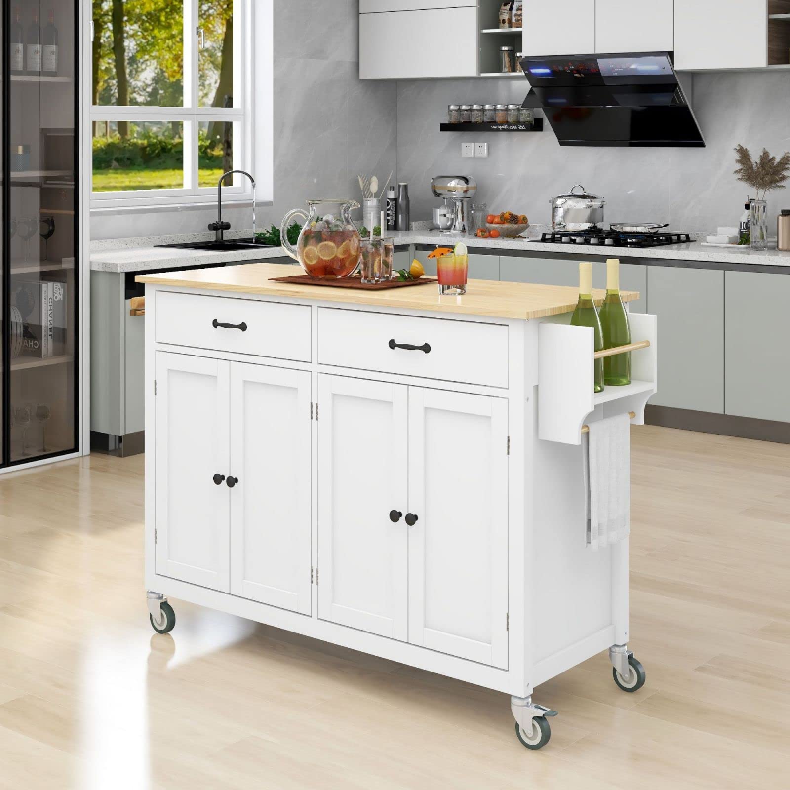 Solid Wood Kitchen Island Cart on Wheels with 2 Drawers & Adjustable Shelf - White Rolling Storage Cabinet with Spice/Towel Rack - Perfect for Kitchen Organization, Microwave Stand & Dining Room Storage