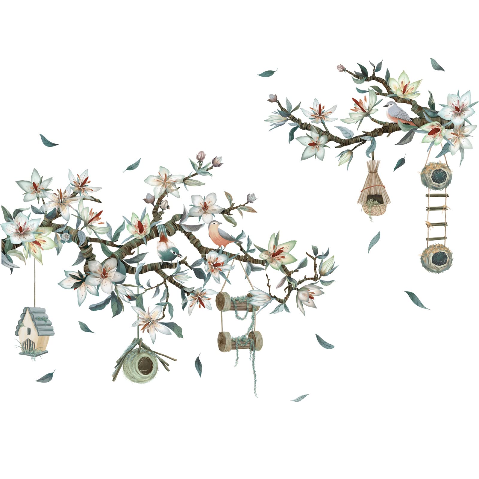 3D Magnolia Branch Wall Decals - DIY Removable Wall Stickers with Birdhouse & Flowers, Rustic Home Decor for Bedroom, Living Room, Nursery, Kitchen | Perfect for Girls Room, Farmhouse & Boho Style Interior Design