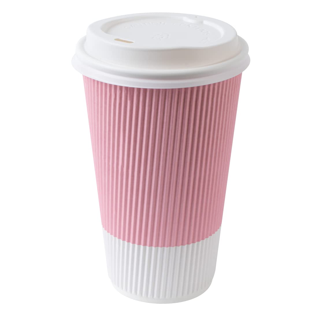 16oz Insulated Coffee Cups with Lids - 20 Pack Leakproof Ripple Wall Hot Drink Cups | Disposable Pink Paper Cups for Coffee, Tea, Hot Cocoa & Lattes | Perfect for Cafes, Offices & Home Use