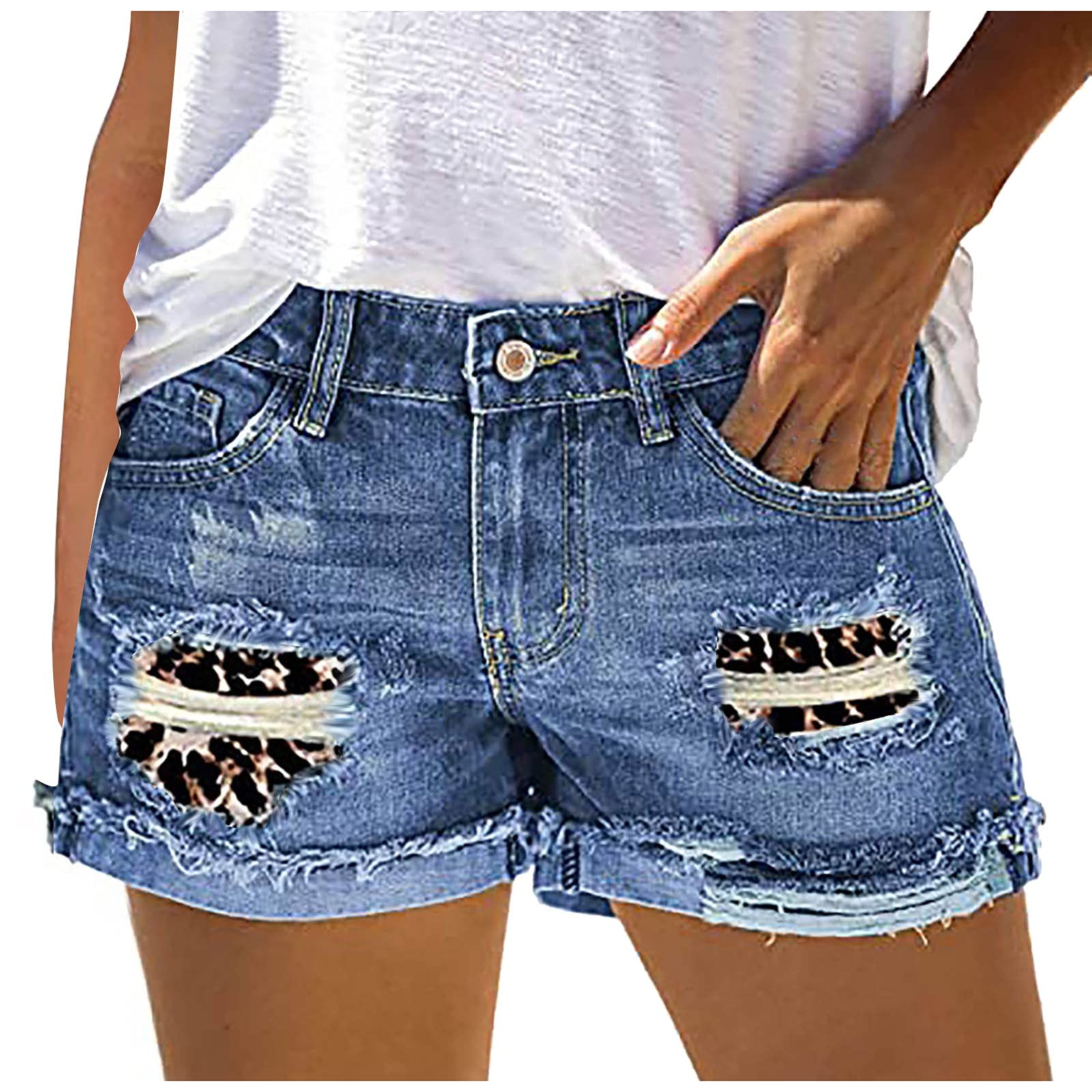 Women's Stretchy Mid Rise Frayed Denim Shorts - Distressed Cutoff Jean Shorts with Rolled Hem | Summer Casual Hot Shorts for Beach, Music Festivals & Everyday Wear
