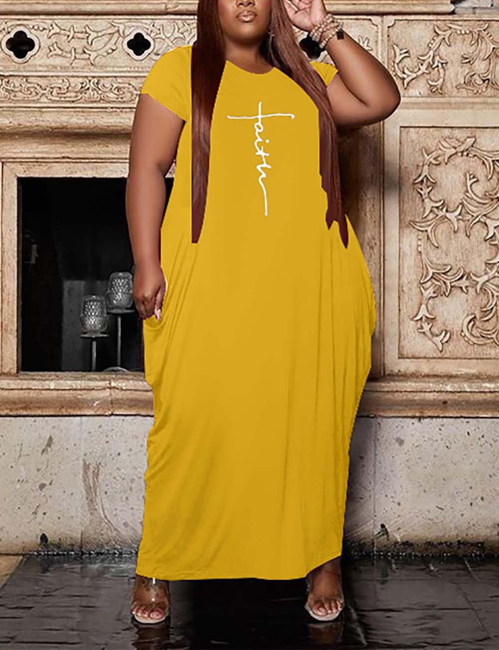 Fooullaide Women's Plus Size Casual Summer Dress - Short Sleeve V-Neck Loose Oversized Flowy Long T-Shirt Dress with Pockets | Perfect for Beach, Vacation & Everyday Wear