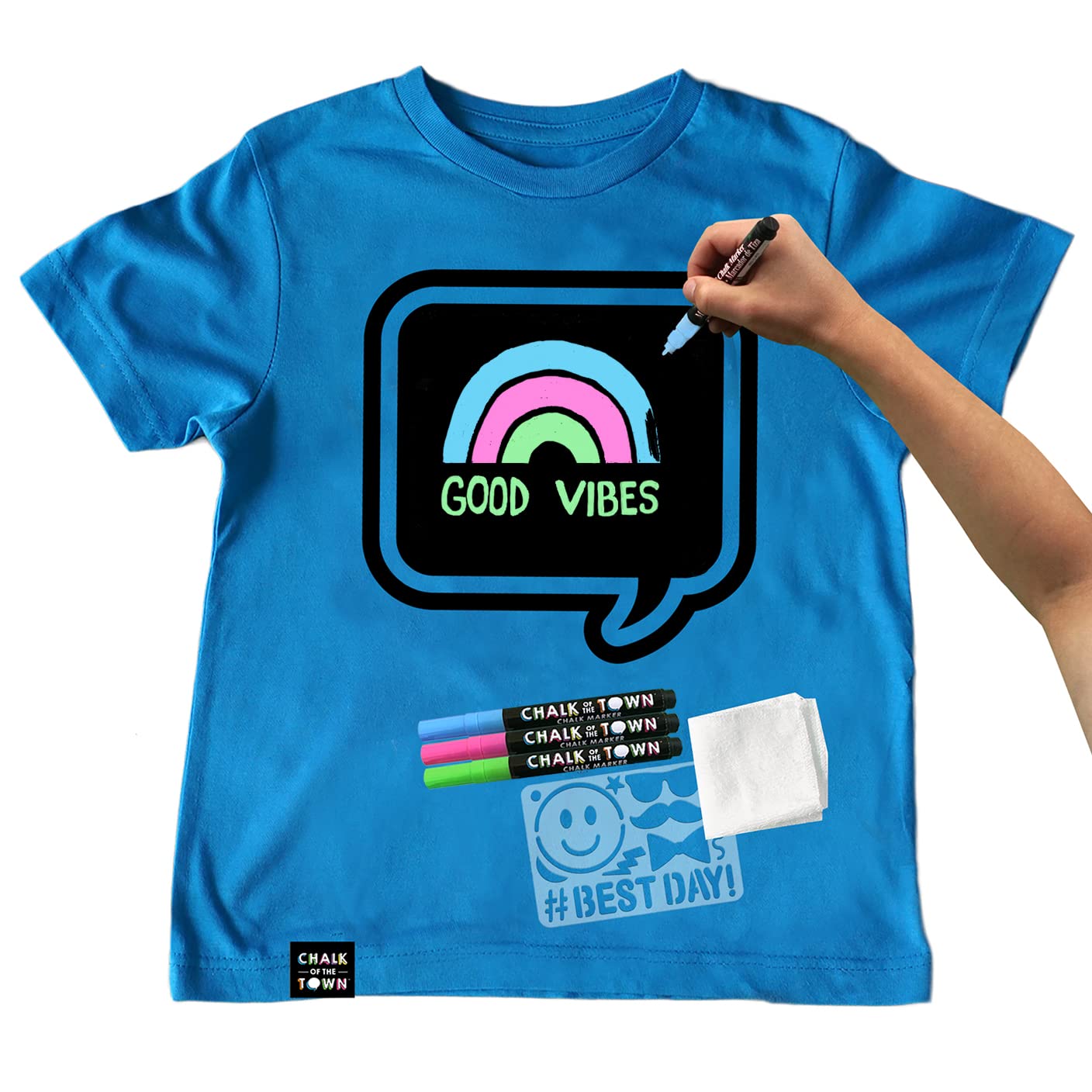 Kids Blue Speech Bubble Chalkboard T-Shirt Kit with 3 Washable Markers & Stencil - Youth XS | Fun DIY Craft & Back to School Activity