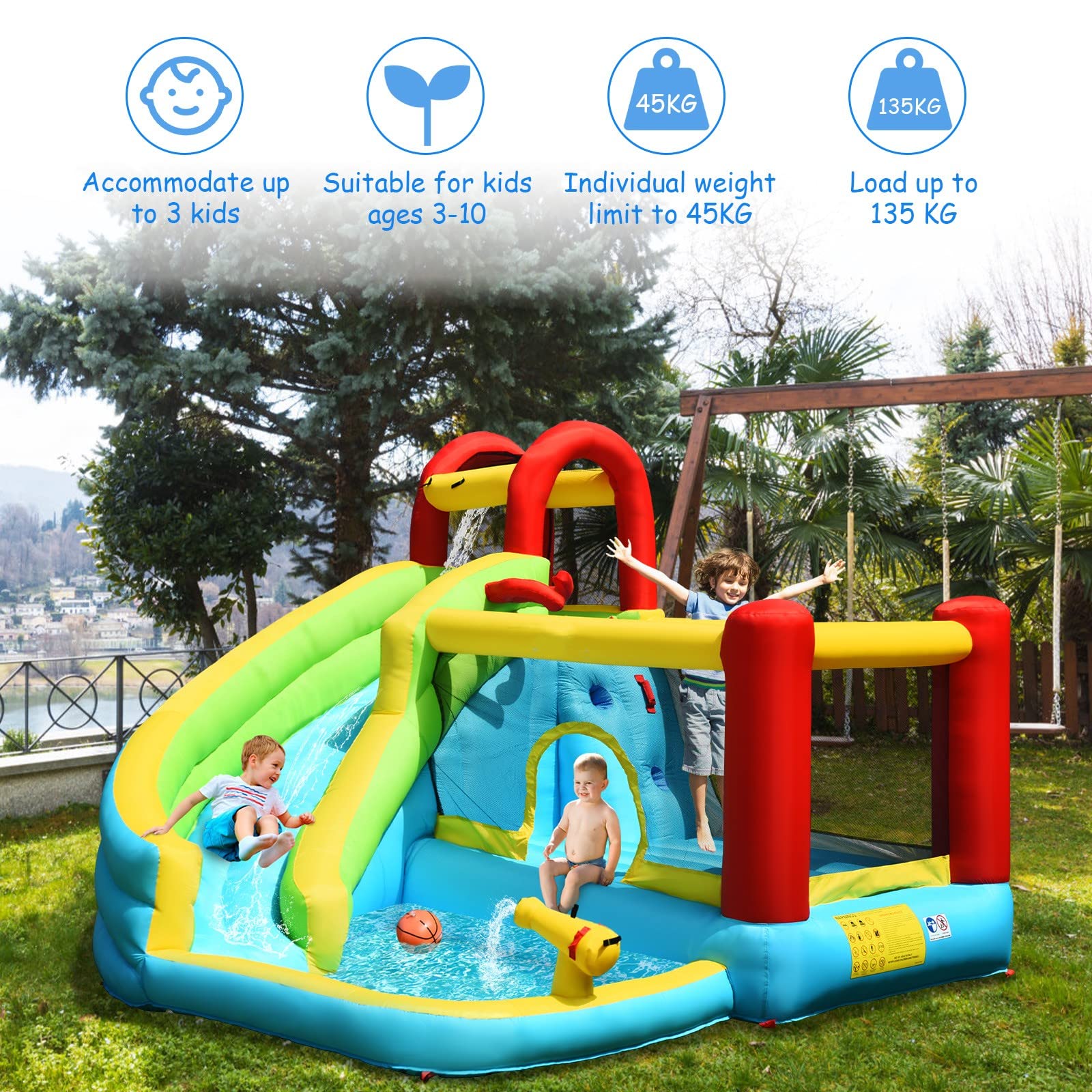 **KOTEK Inflatable Water Slide for Kids - 15ft Long Backyard Water Park with Bouncy Castle, Climbing Wall & Splash Pool - Includes 480W Blower - Perfect for Summer Parties, Birthdays & Outdoor Fun**