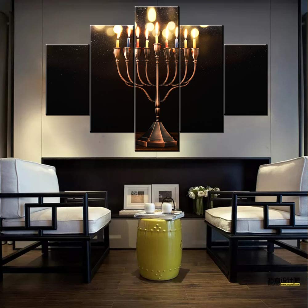 TUMOVO Jewish Wall Art - Hanukkah Menorah Candles Painting Set of 5 Multi Panel Canvas Artwork, Framed Ready to Hang Home Decor for Living Room (60''W x 40''H) - Perfect for Jewish Holidays, Synagogue Gifts & Kosher Home Decoration
