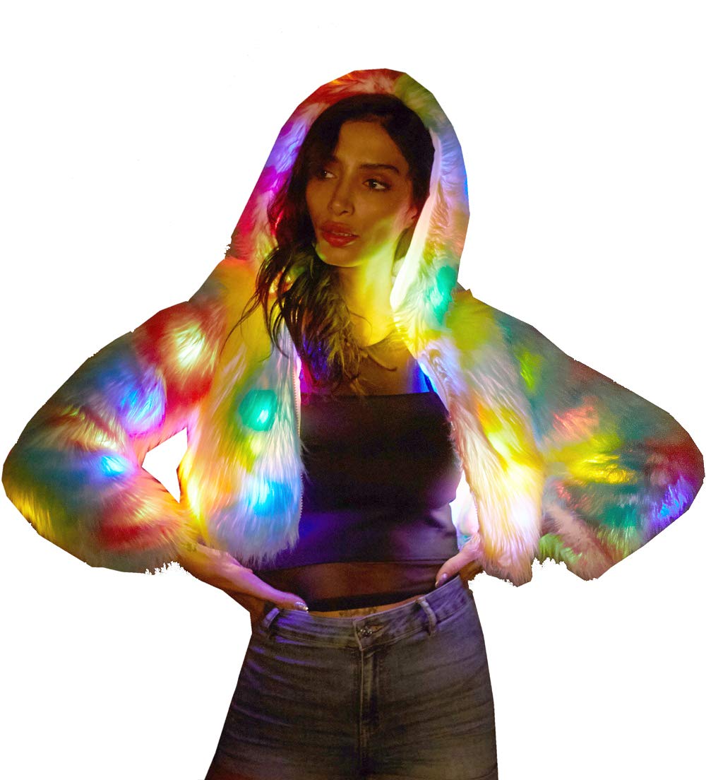LED Light Up Jacket for Women - Glow in The Dark Rave, Stage, Xmas & Birthday Party Costume - Faux Fur Coats for Nightclub, Festival & Fancy Dress