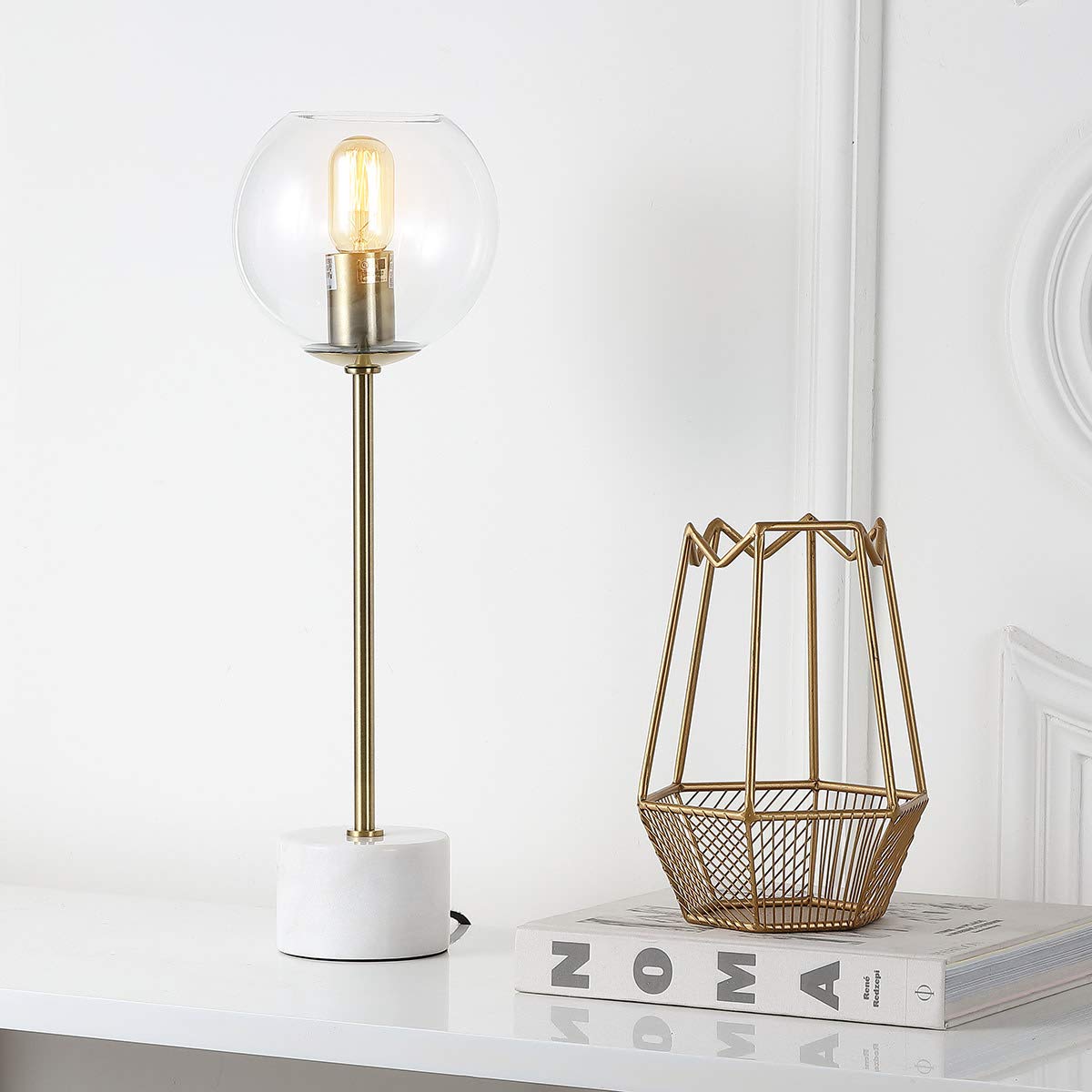 Safavieh Caden 22-inch Brass Gold & White Table Lamp with LED Edison Bulb - Bedroom, Living Room, Home Office, Nightstand Lighting Decor for Cozy Ambiance