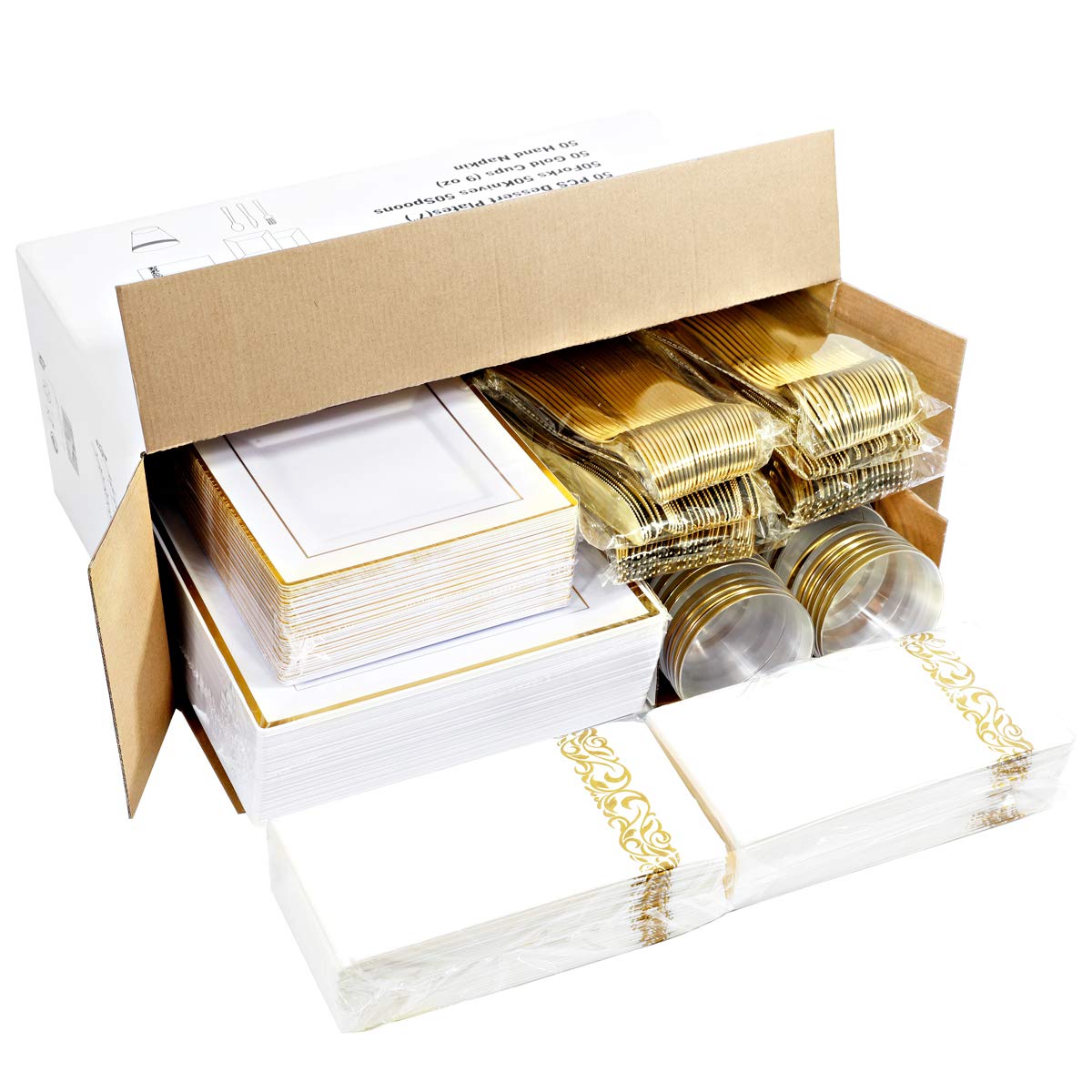 50-Pack Gold Plastic Plates with Disposable Cutlery & Cups - Square Disposable Dinnerware Set with Napkins for Wedding, Party & Events - Elegant Tableware for Bridal Showers, Baby Showers & Banquets