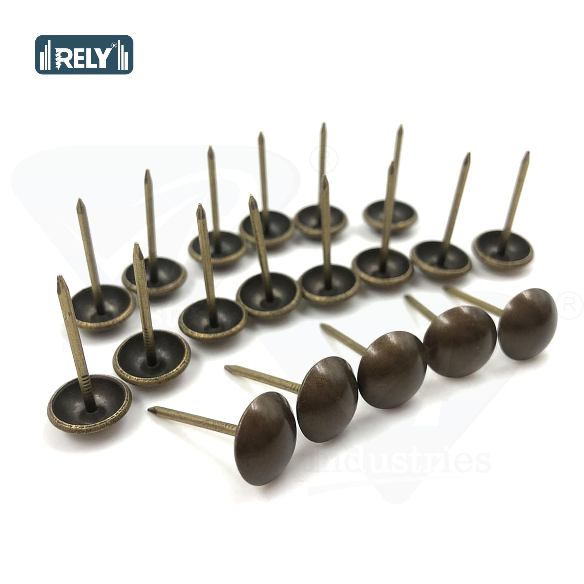 Rely® VP INDUSTRIES (Pcs-100) 10mm Head Upholstery Nails with Antique Finish - Round Cap Thumb Push Pins for Leather, Textile, Plastic & Wood Furniture - Perfect for DIY Upholstery, Crafts & Home Decor Projects