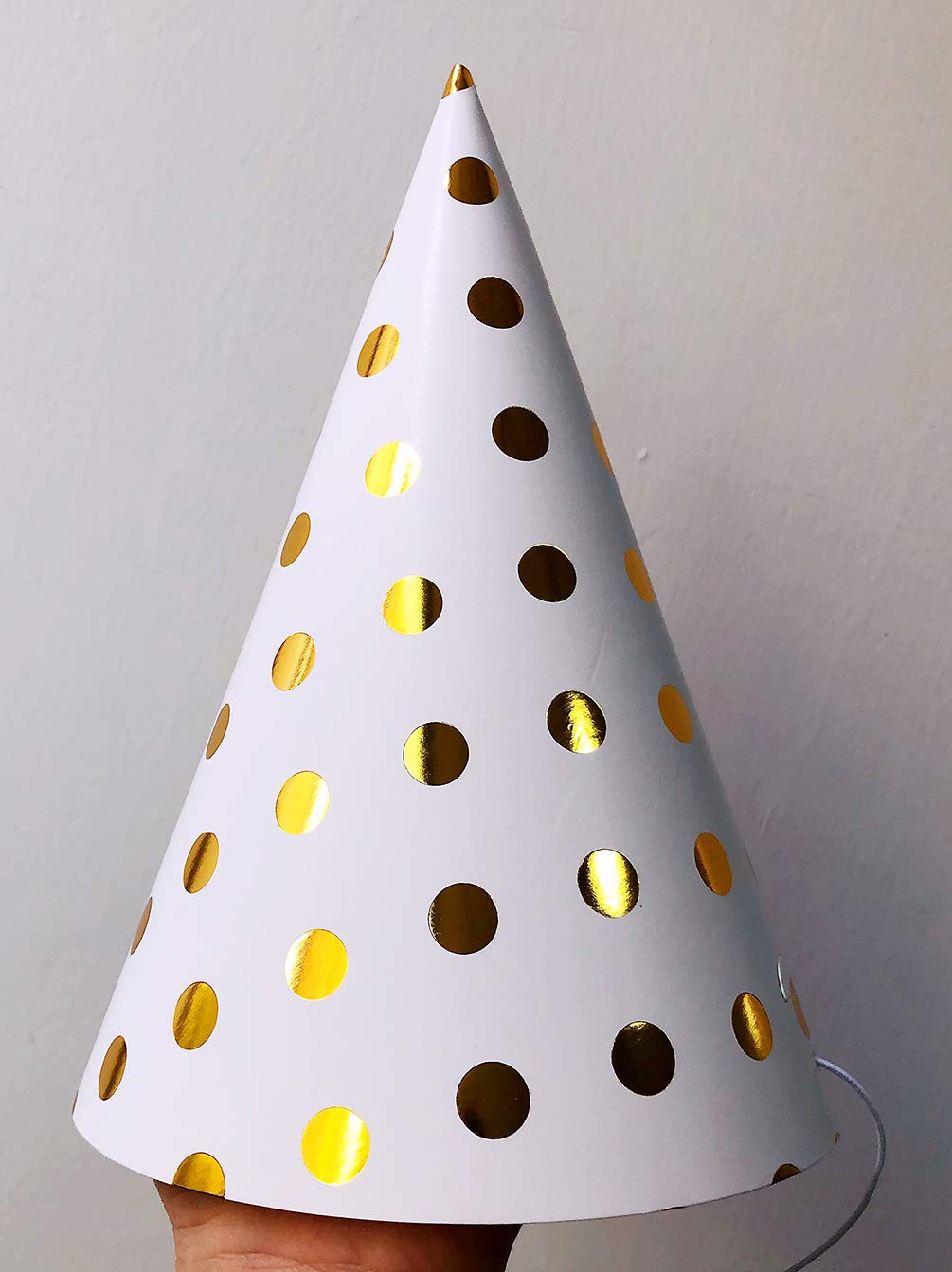 Boieo 12-Pack Gold Polka Dot Striped Birthday Party Hats for Adults & Kids - Fun Cone Hats for Birthday Celebrations, Baby Showers, and Festive Events