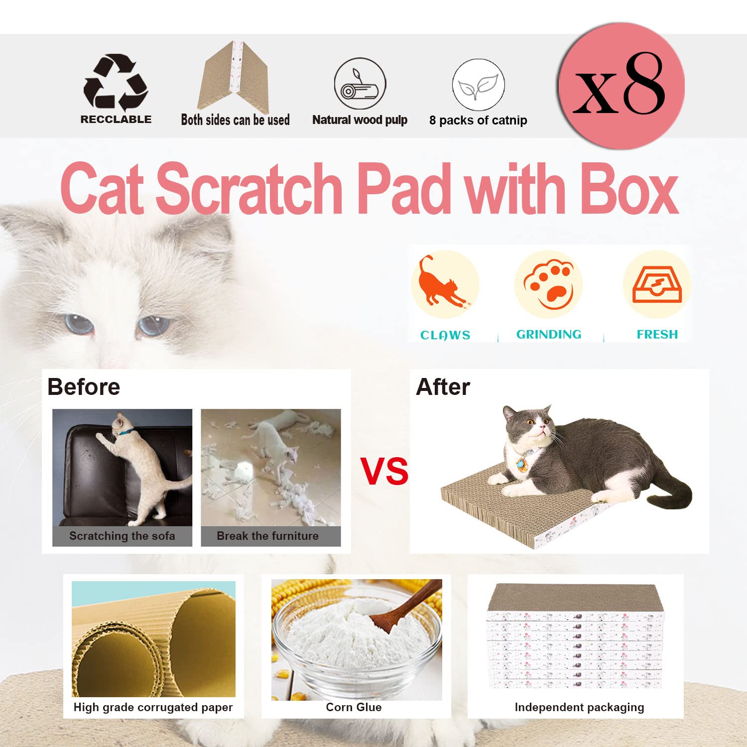 8-Pack Reversible Cat Scratch Pad - Durable Recyclable Cardboard Cat Scratcher for Clawing, Resting & Play | Premium Cat Furniture for Kittens & Adult Cats | Perfect for Living Rooms, Bedrooms & Home Offices