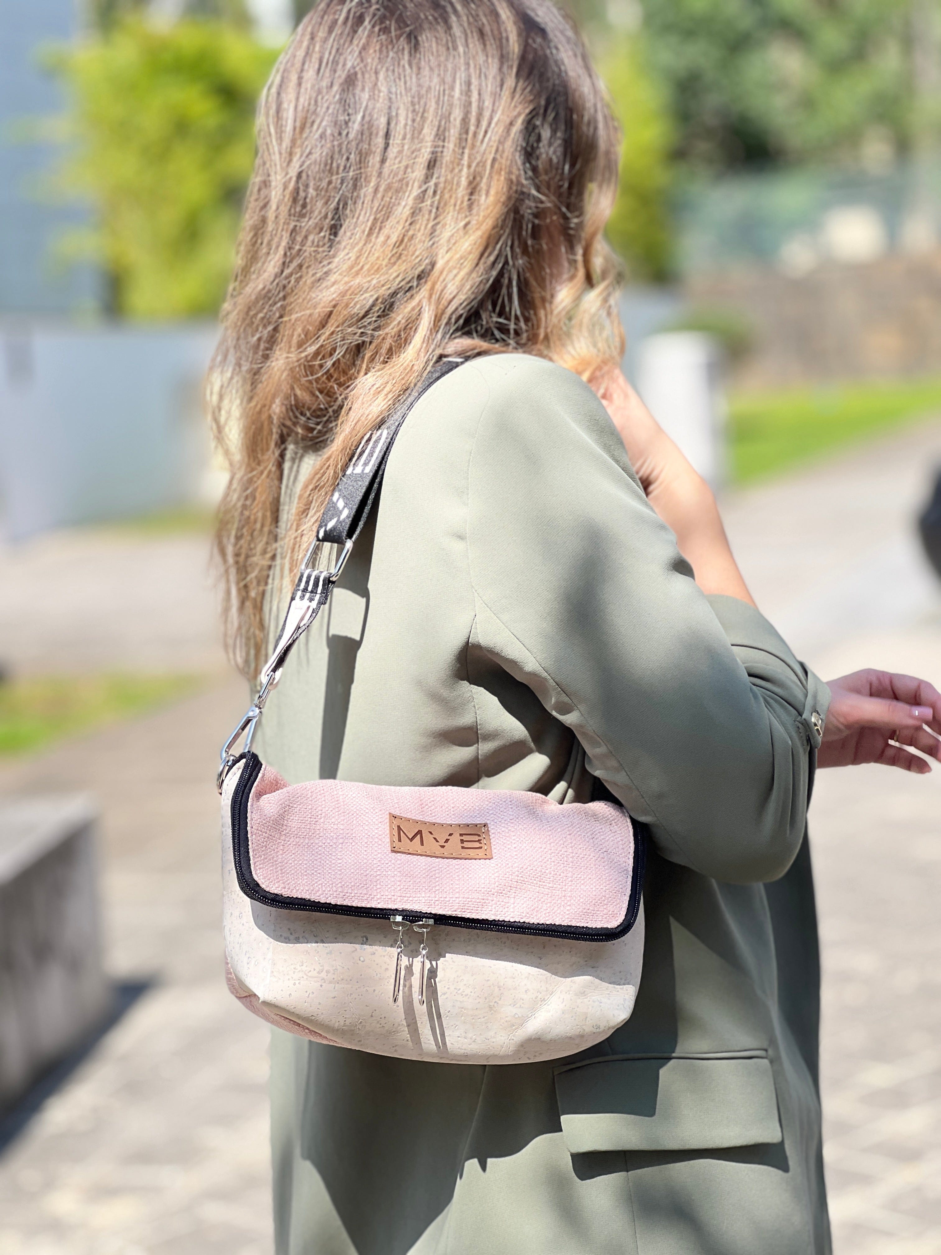 Vegan Crossbody Bag for Women - Summer Canvas & Cork Flop Shoulder Purse in Soft Pink | Perfect for Beach, Travel & Casual Outings