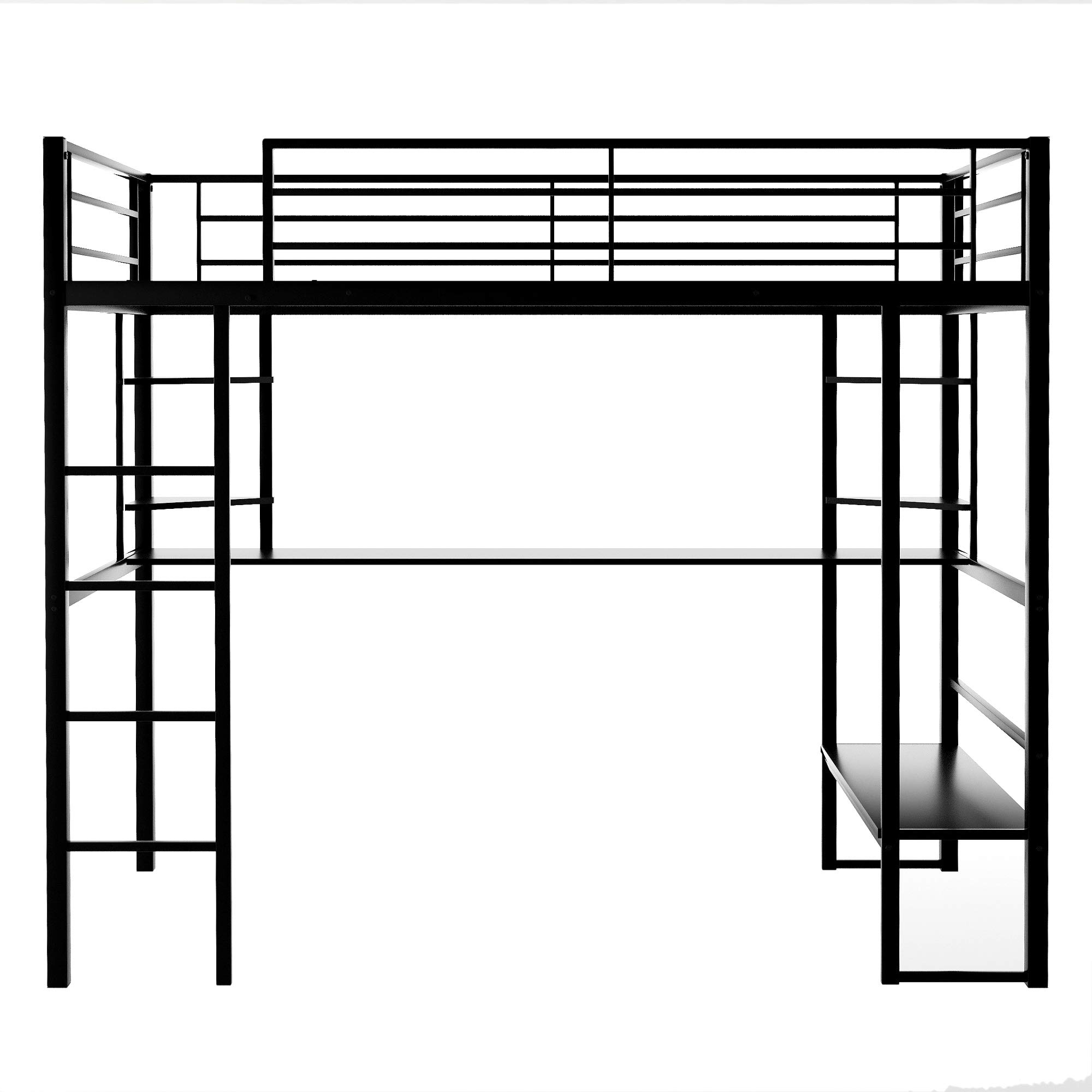 Full Metal Loft Bed with Long Desk, Shelves & Safety Guardrails - Space Saving Twin/Queen Size Bed Frame with Ladder, No Box Spring Required - Perfect for Small Apartments, Dorms & Kids Rooms