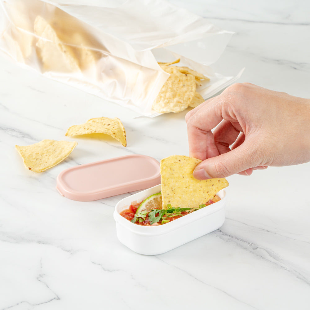 Bento Tek 3 oz White Buddha Box Snack & Sauce Containers with Pink Lids (4-Pack) - 3.75